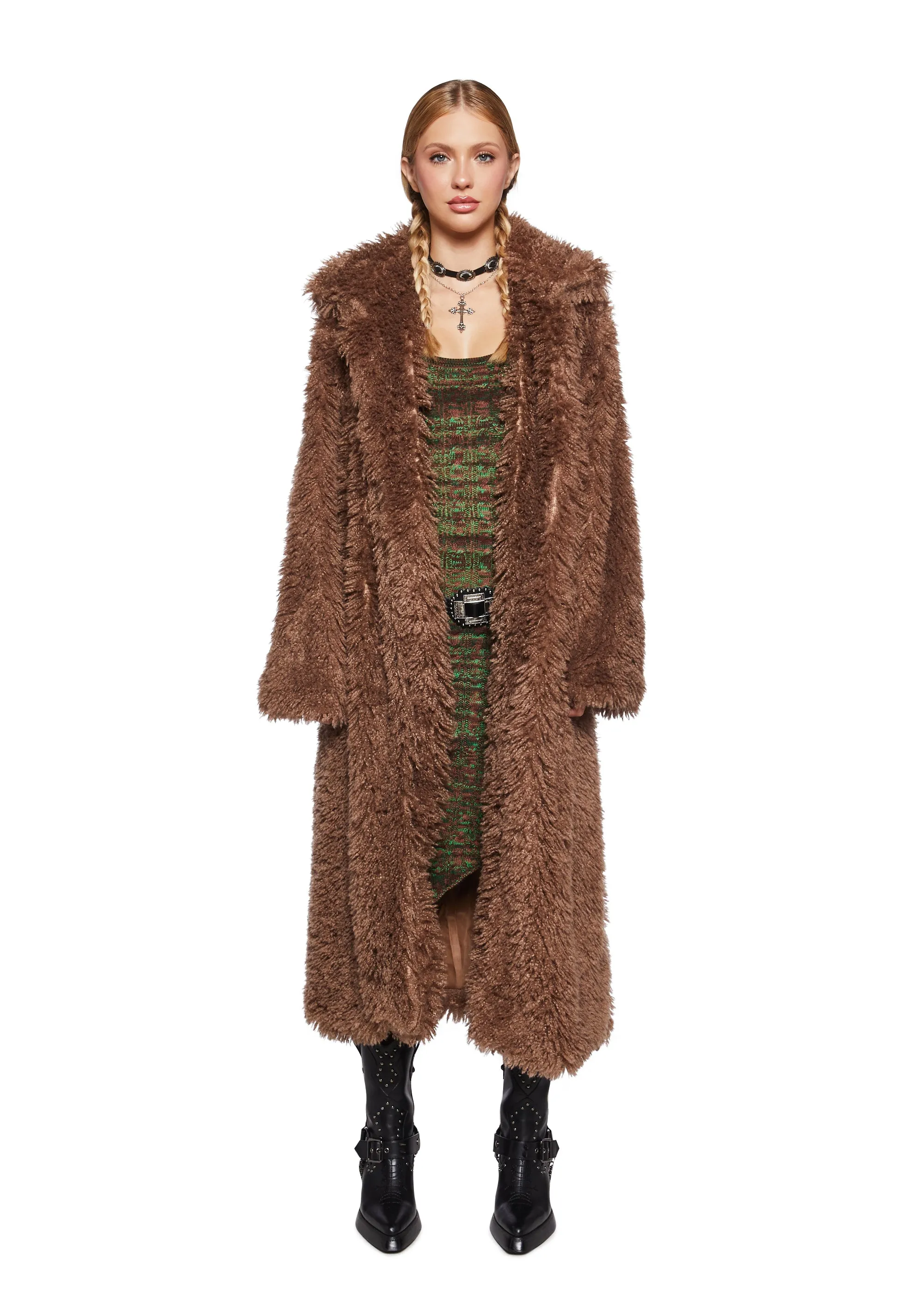 It’s All Happening Faux Fur Coat - Brown sold by Dolls Kill