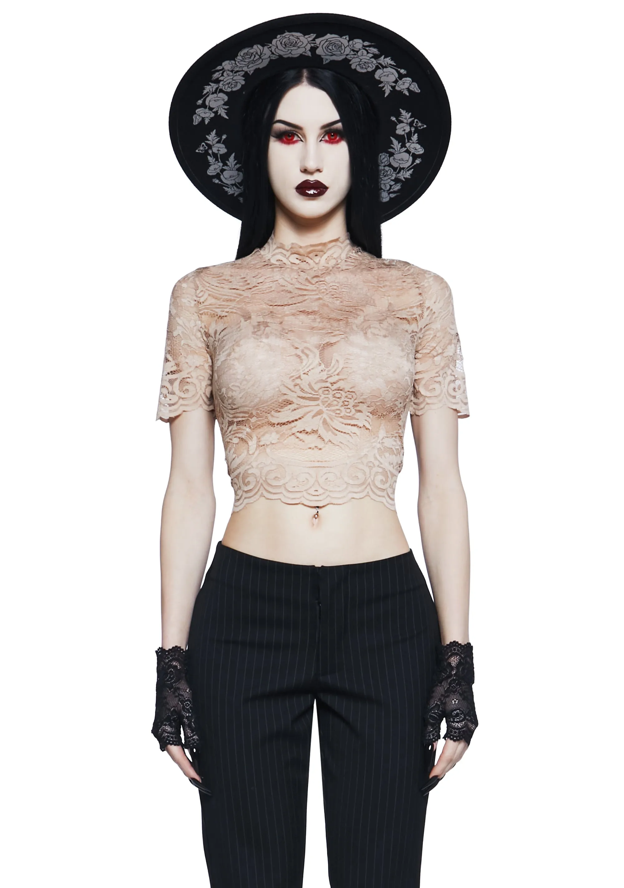 Ominous Trance Lace Top - Light Brown sold by Dolls Kill