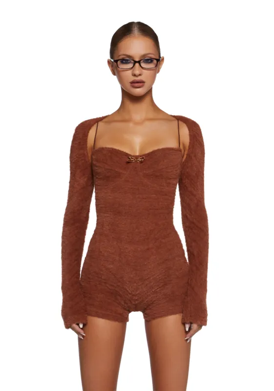 By The Fire Romper And Shrug Set - Brown sold by Dolls Kill