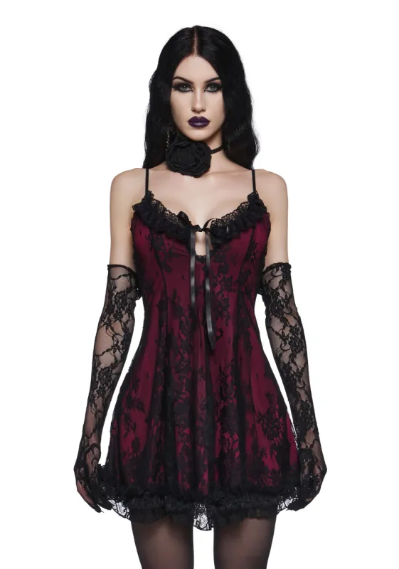Faithfully Doomed Lace Mini Dress - Dark Red sold by Dolls Kill