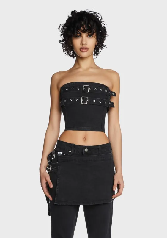 Denim Darkness Corset sold by Dolls Kill