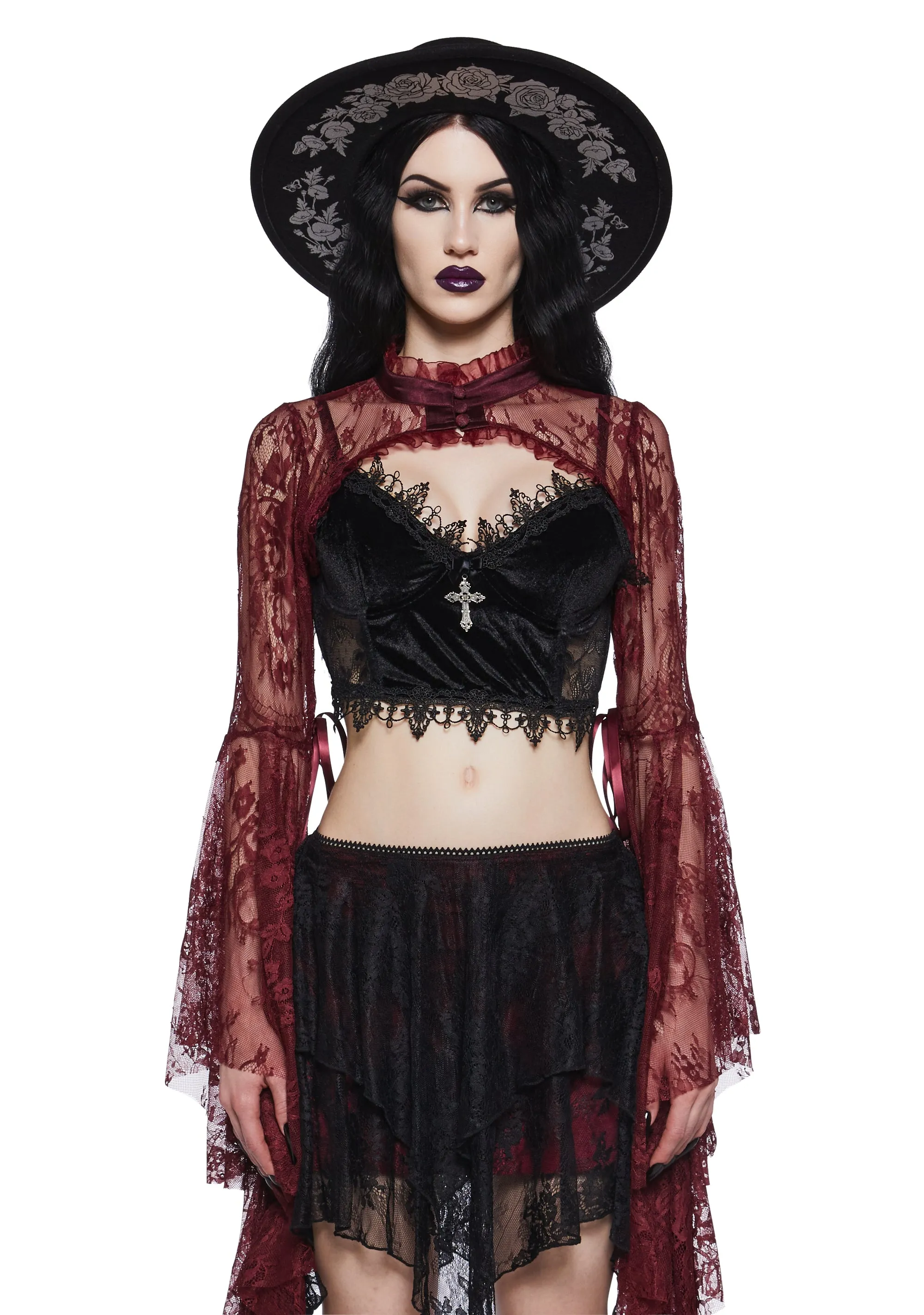 Wine Dusk Before Dawn Lace Shrug sold by Dolls Kill