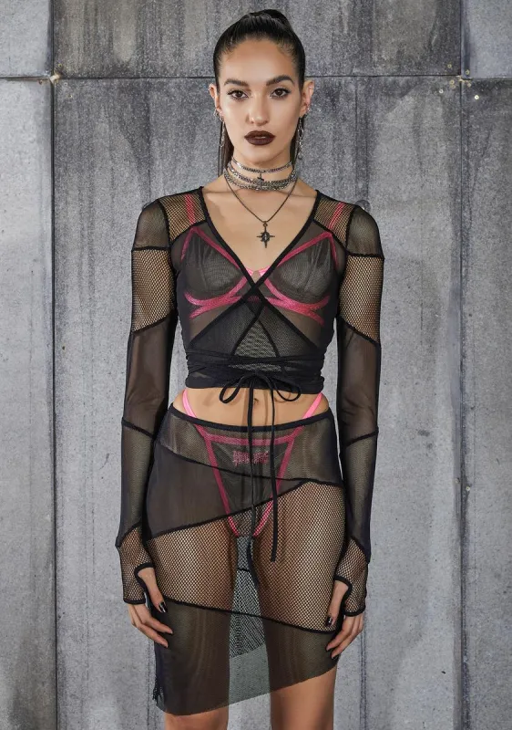 Snare Fishnet And Mesh Patchwork Wrap Top sold by Dolls Kill
