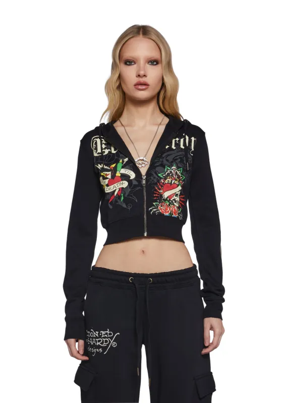 Rose Skull Crop Zip Hoodie sold by Dolls Kill