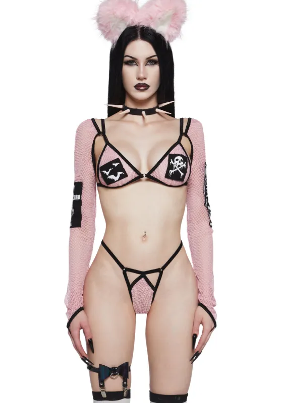 Can't Sleep Tonight Fishnet Lingerie Set - Pink sold by Dolls Kill