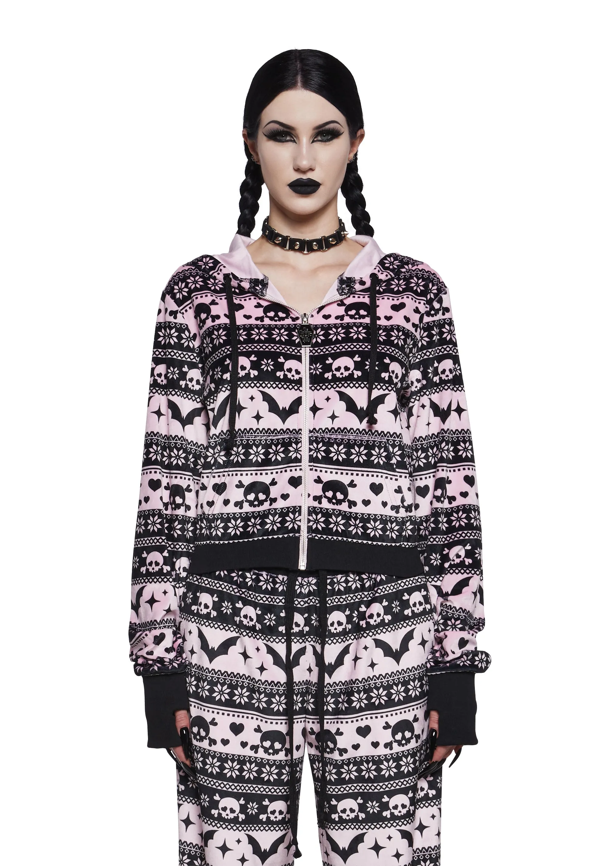 Deck The Skulls Zip-Up Hoodie sold by Dolls Kill