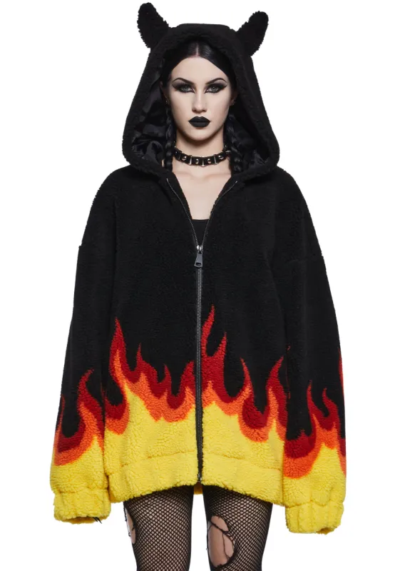 Hellfire Event Hooded Sherpa Jacket sold by Dolls Kill