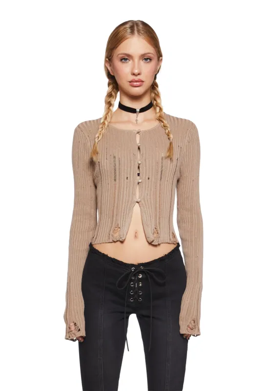 Somewhere Now Distressed Cardigan - Beige sold by Dolls Kill