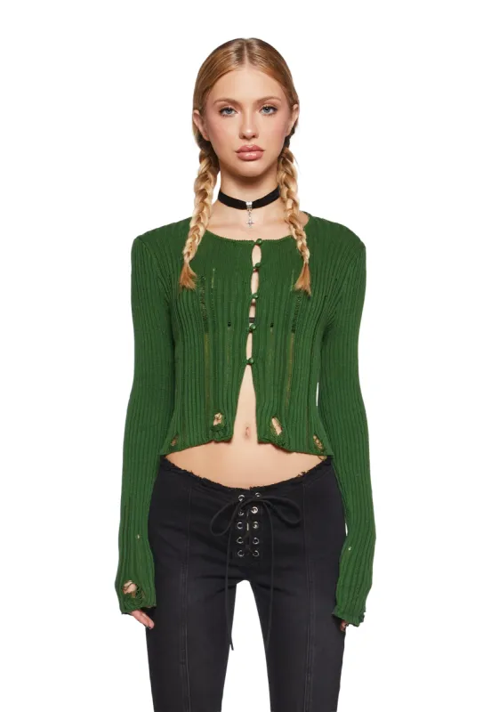 Somewhere Now Distressed Cardigan - Green sold by Dolls Kill