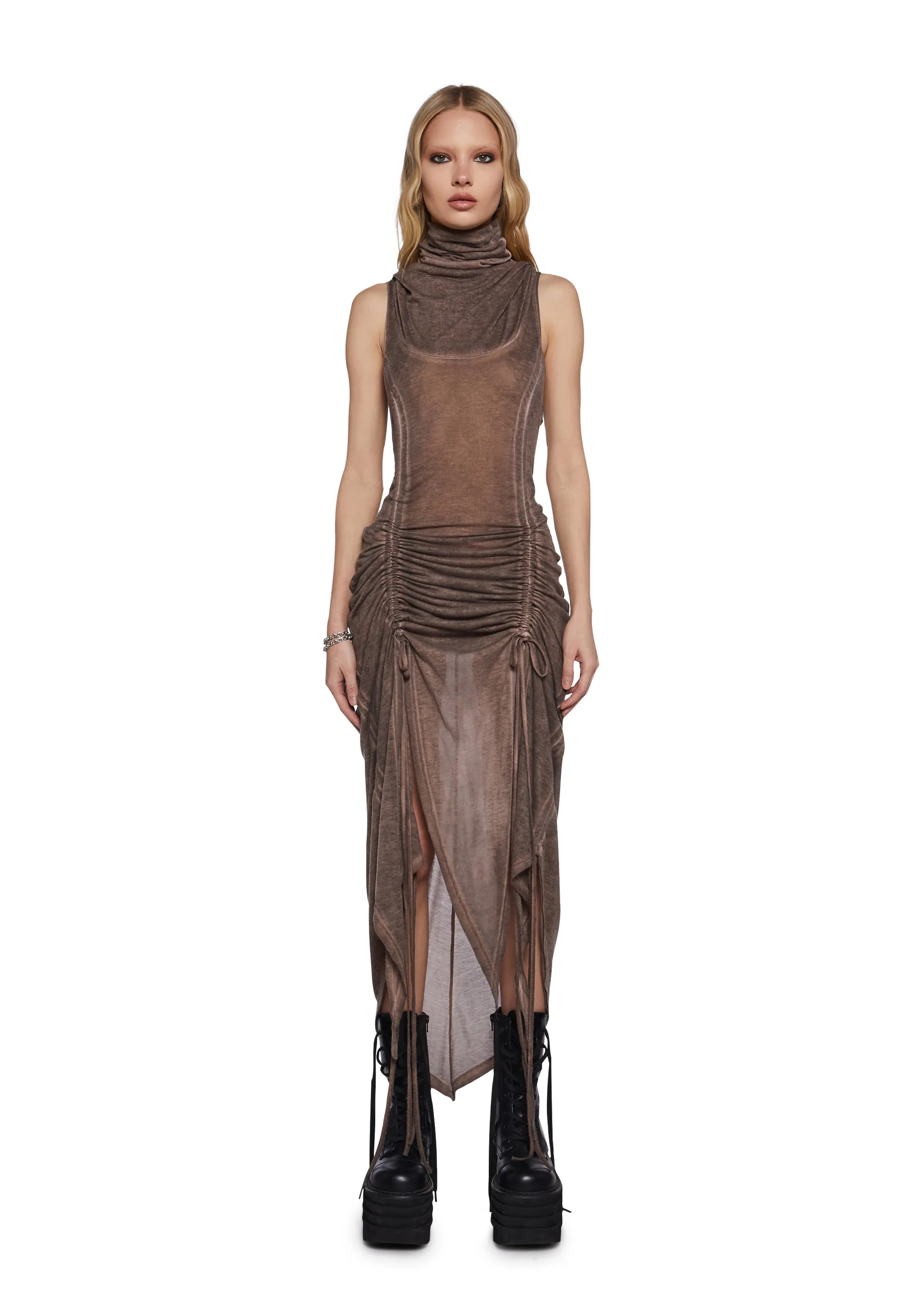 Tempo Ruched Harness Dress - Brown sold by Dolls Kill