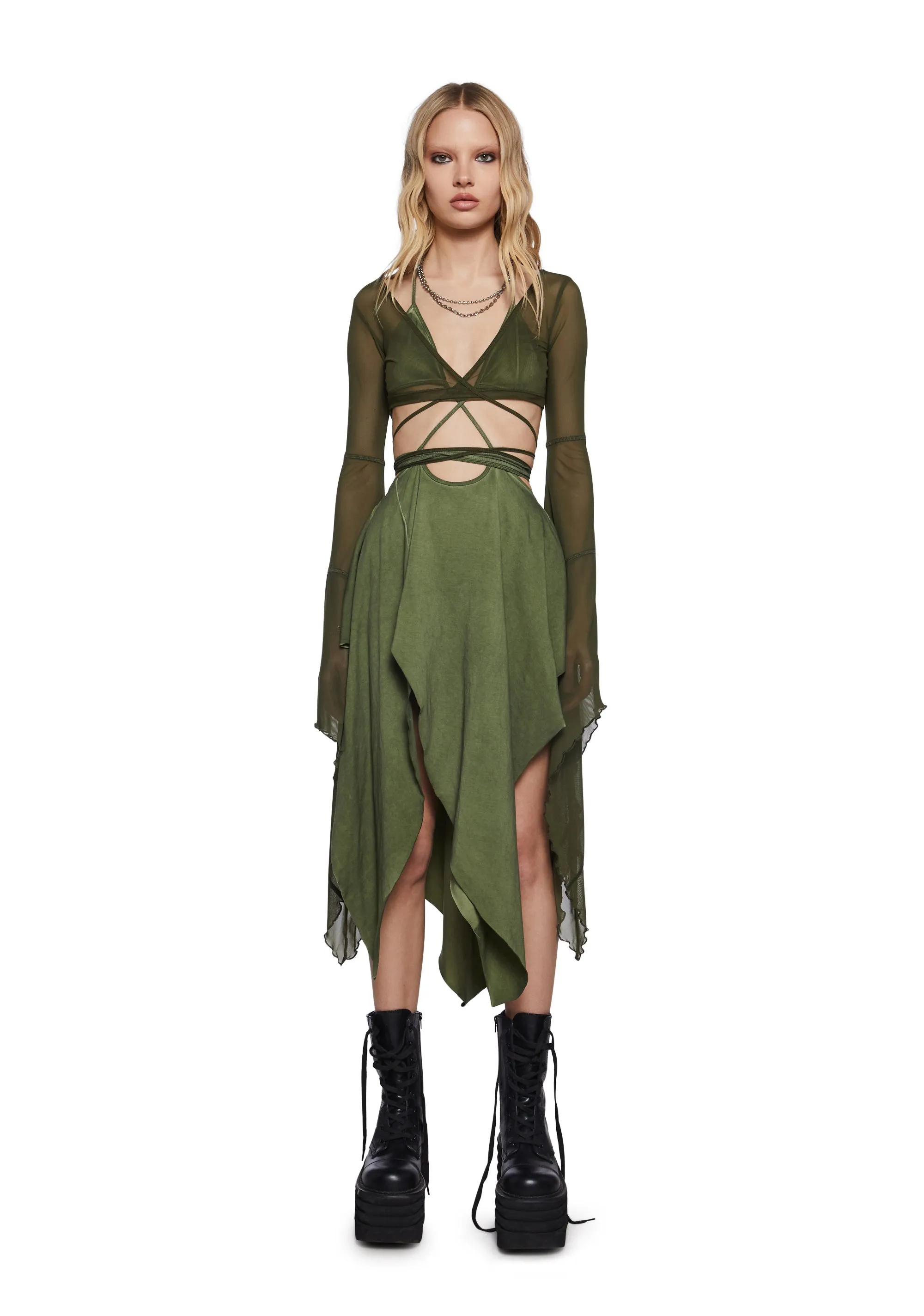 Echo Asymmetrical Mesh Wrap Dress - Green sold by Dolls Kill