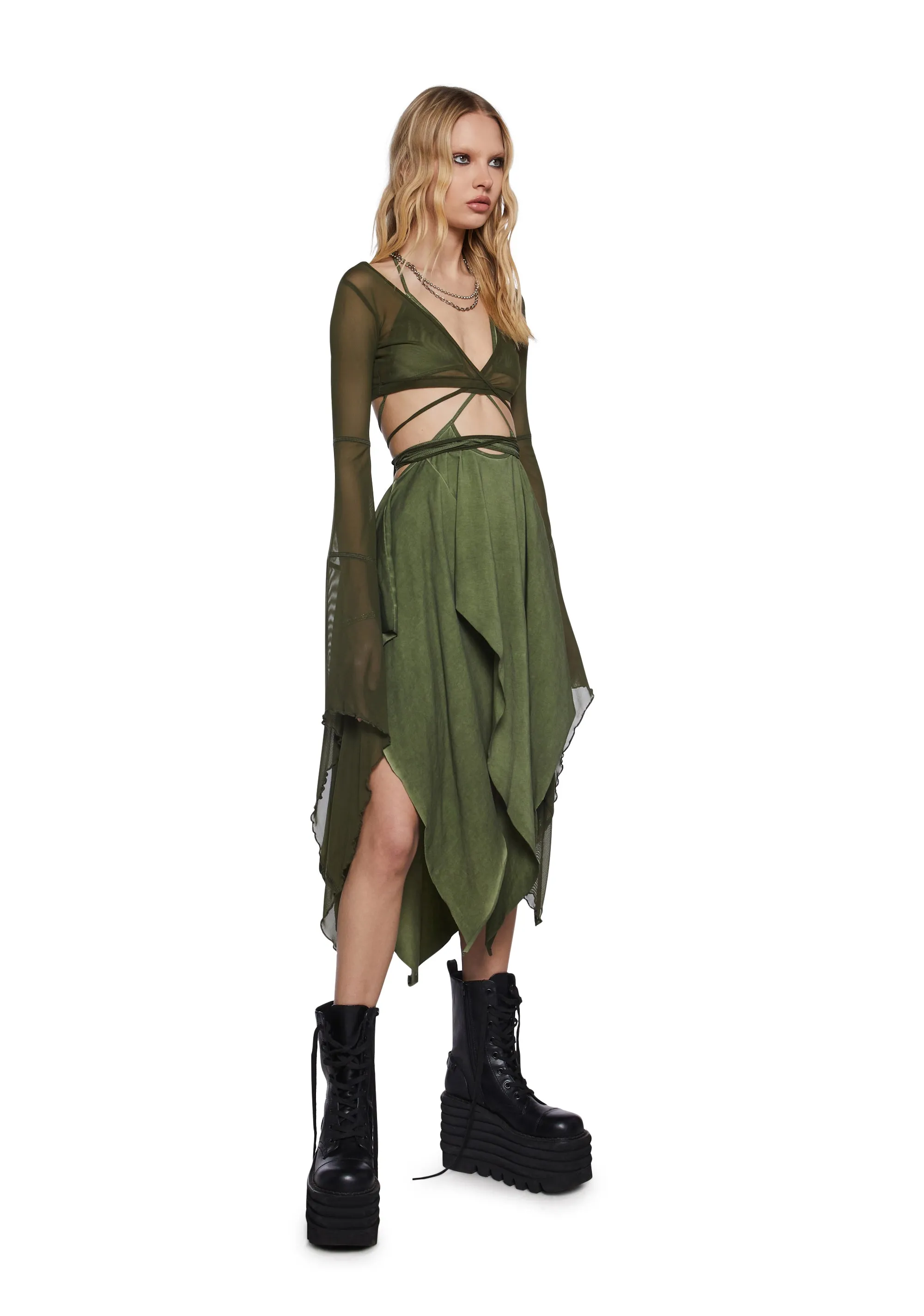 Echo Asymmetrical Mesh Wrap Dress - Green sold by Dolls Kill product image thumbnail 5