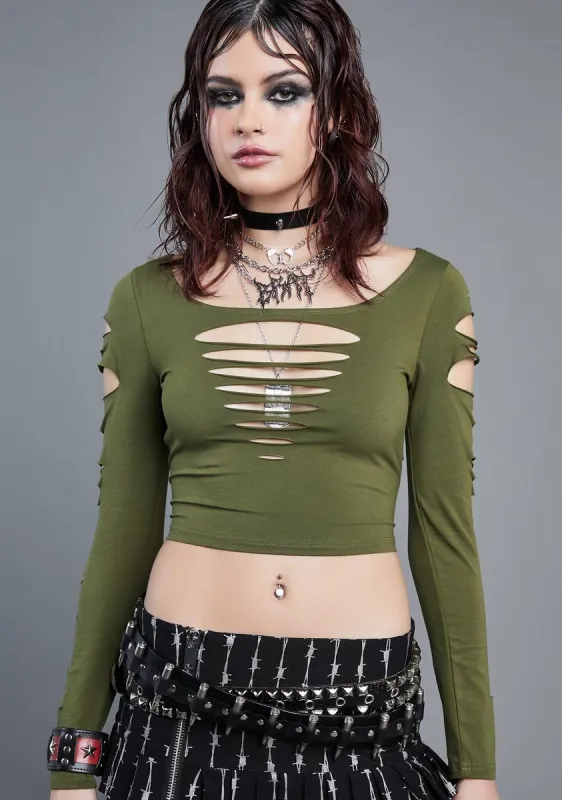 Olive New Skin Shredded Crop Top sold by Dolls Kill