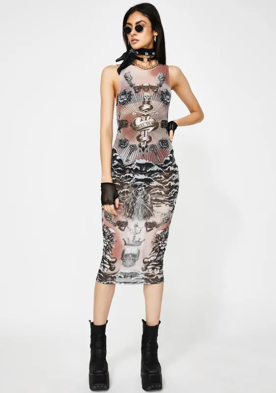 Tattoo Print Mesh Midi Dress sold by Dolls Kill