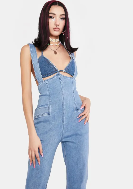So Suspenseful Denim Jumpsuit sold by Dolls Kill