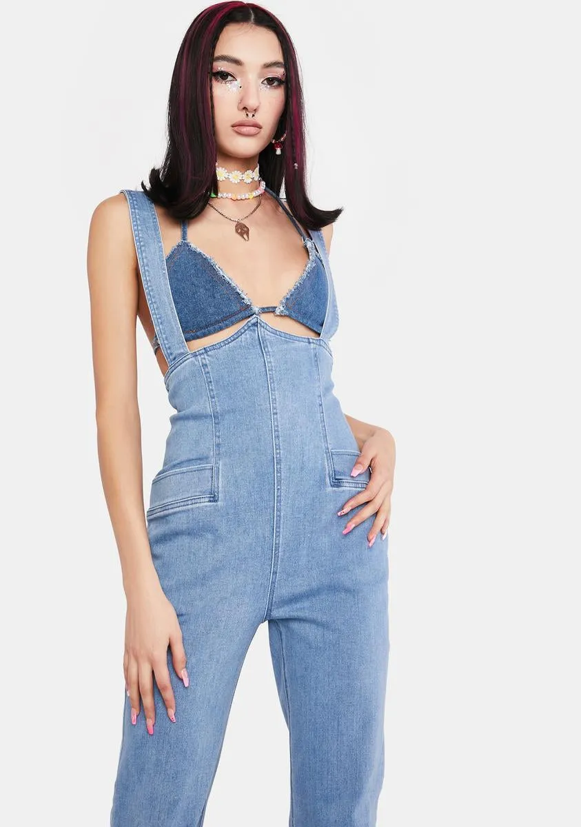 So Suspenseful Denim Jumpsuit sold by Dolls Kill