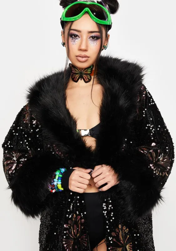 The Starlet Sequin Faux Fur Jacket sold by Dolls Kill