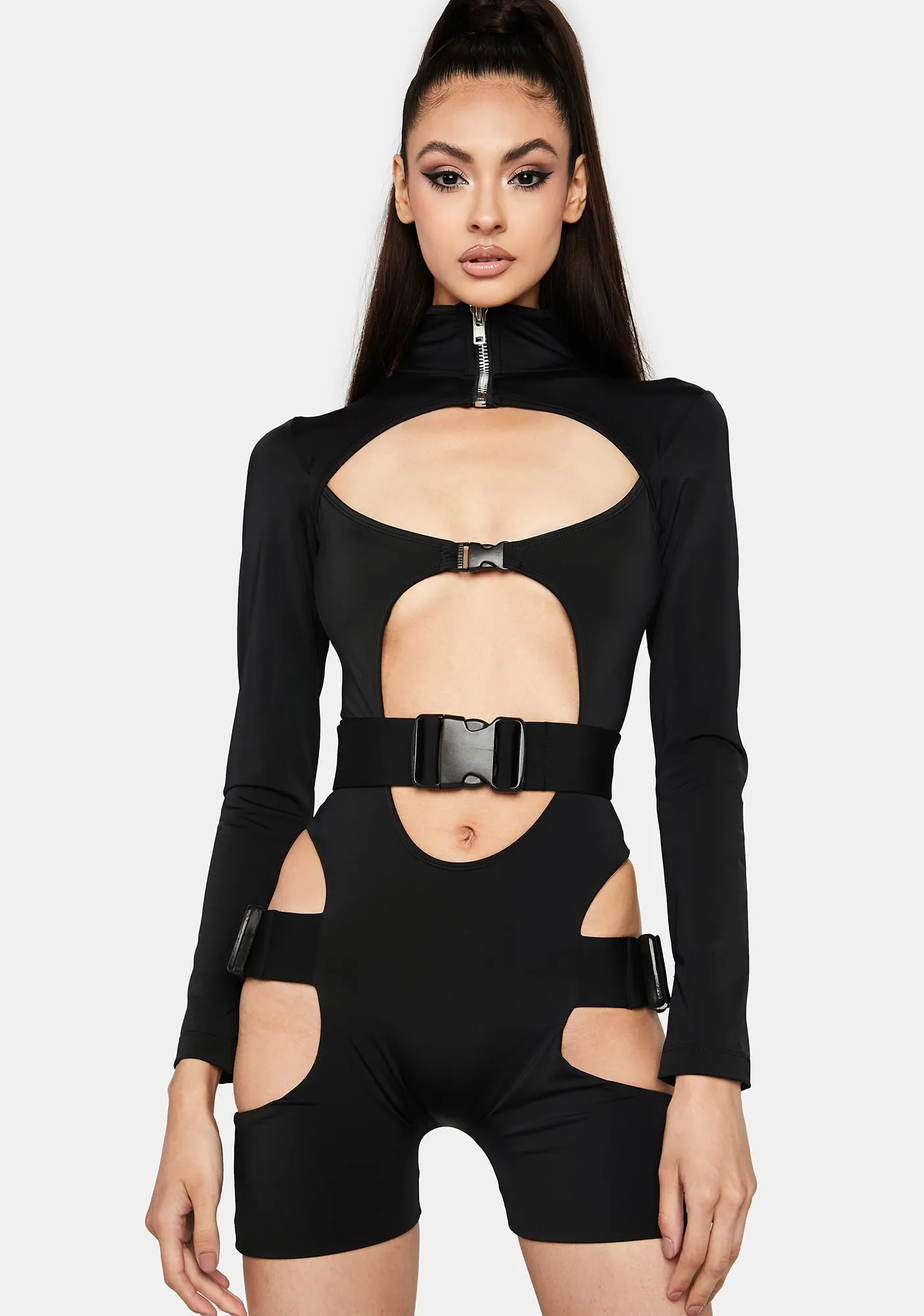 Buckle Long Sleeve Cut-Out Bodysuit sold by Dolls Kill