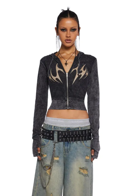 Charged Graphic Zip-Up Crop Hoodie sold by Dolls Kill