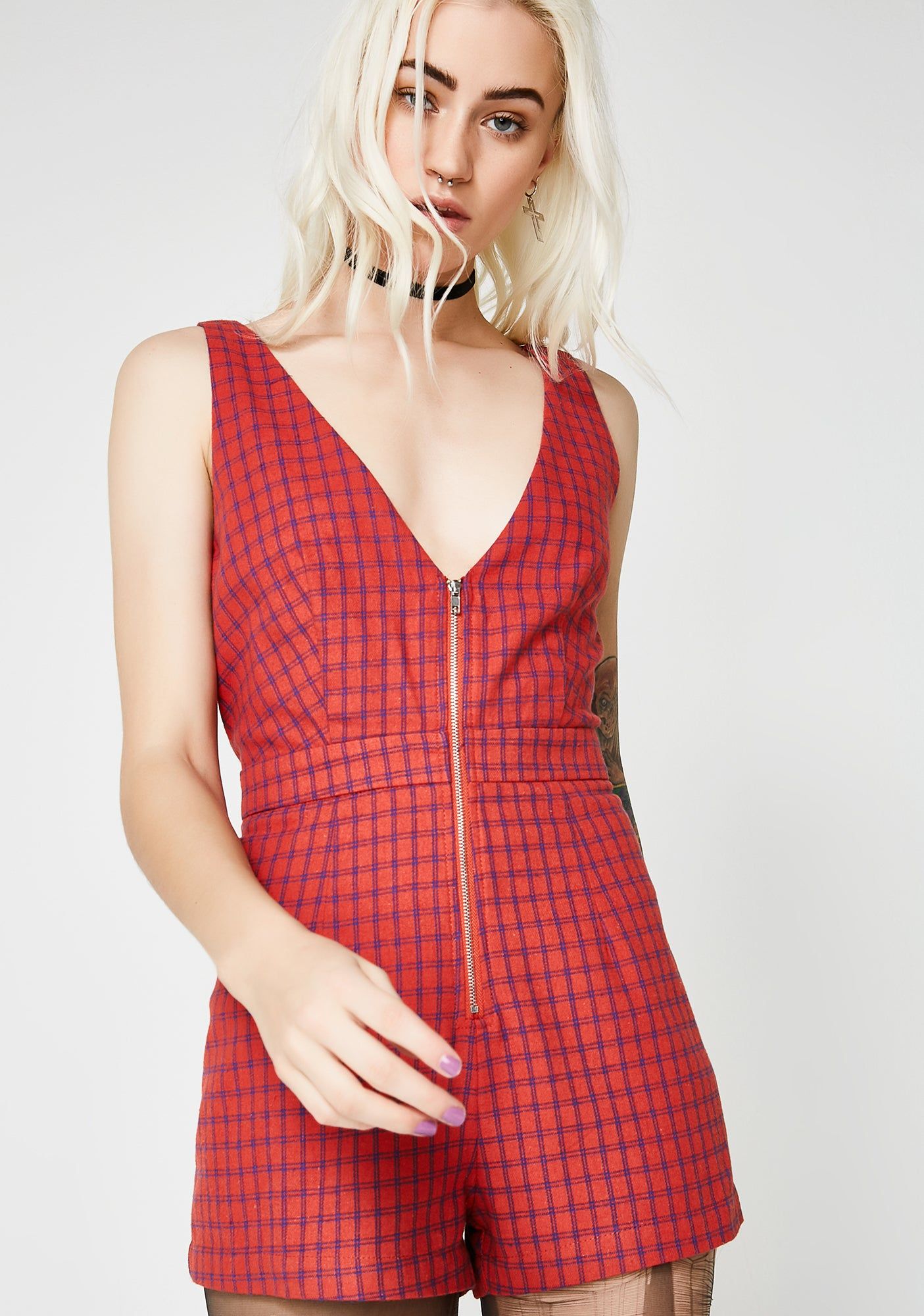 Mz Goodie Plaid Romper sold by Dolls Kill