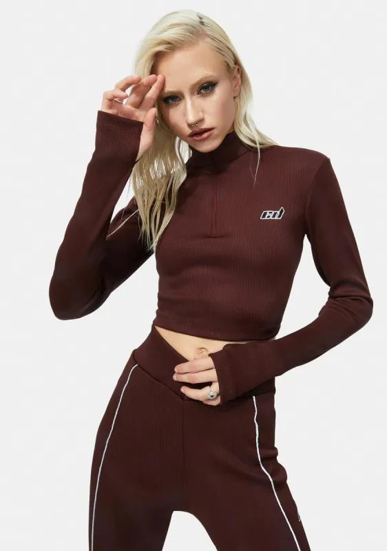 Chocolate Zip Neck Thumb Hole Rib Top made by Criminal Damage