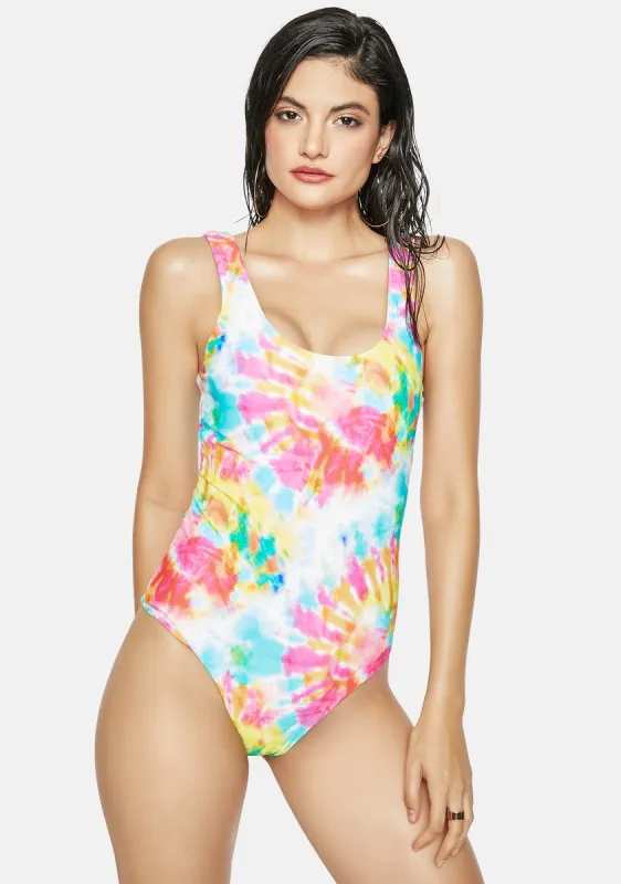 The Pink Tie Dye 90s One-Piece Swimsuit made by Dolls Kill