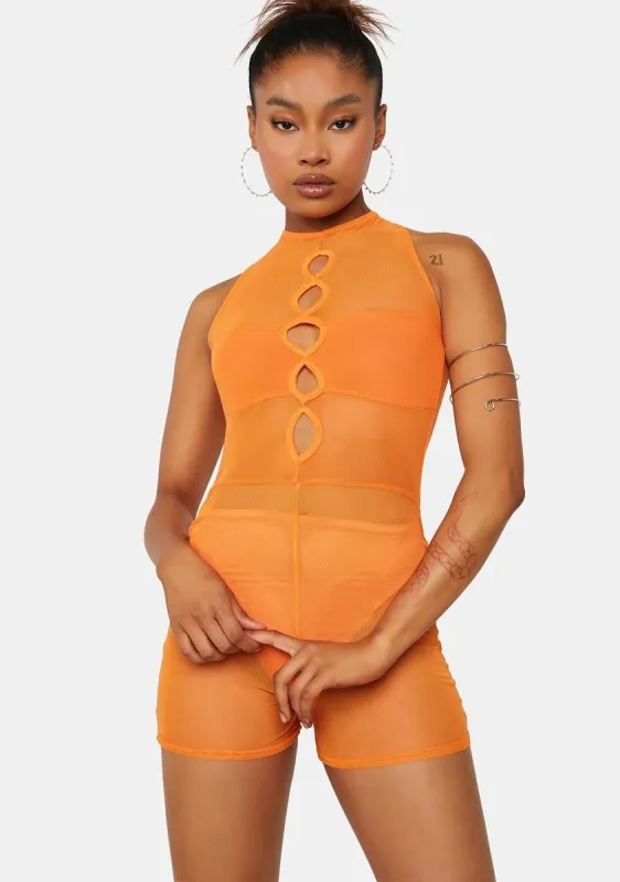 Orange Cut-Out Mesh Sleeveless Unitard sold by Dolls Kill