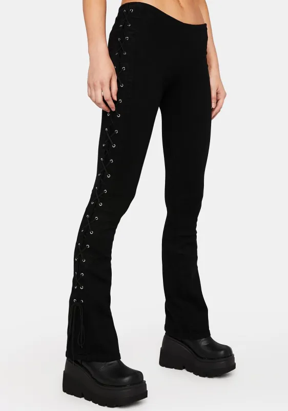 Low Rise Lace Up Flare Jeans sold by Dolls Kill
