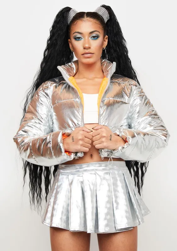 Platinum Celestial Waves Metallic Puffer Jacket sold by Dolls Kill