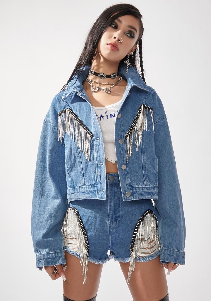 Run The Town Fringe Denim Jacket sold by Dolls Kill