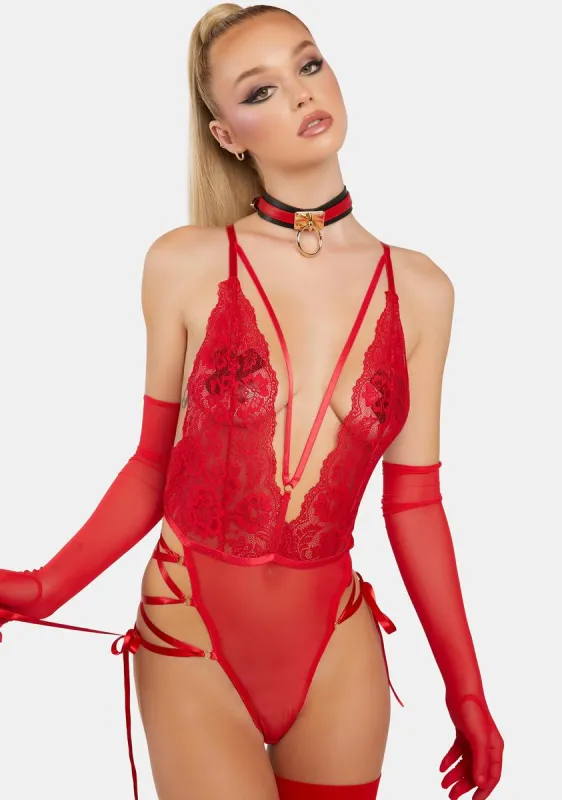 Red Sloane Lace Plunge Teddy sold by Dolls Kill