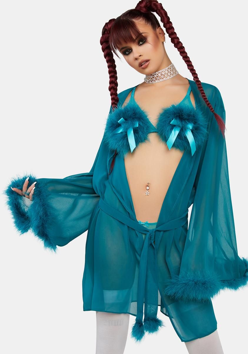 x Bettie Page Teal Feather Robe sold by Dolls Kill