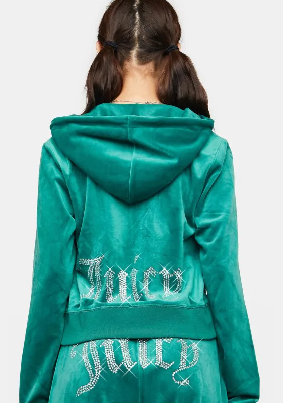 Jade Green Rhinestone Logo Zip-Up Hoodie sold by Dolls Kill