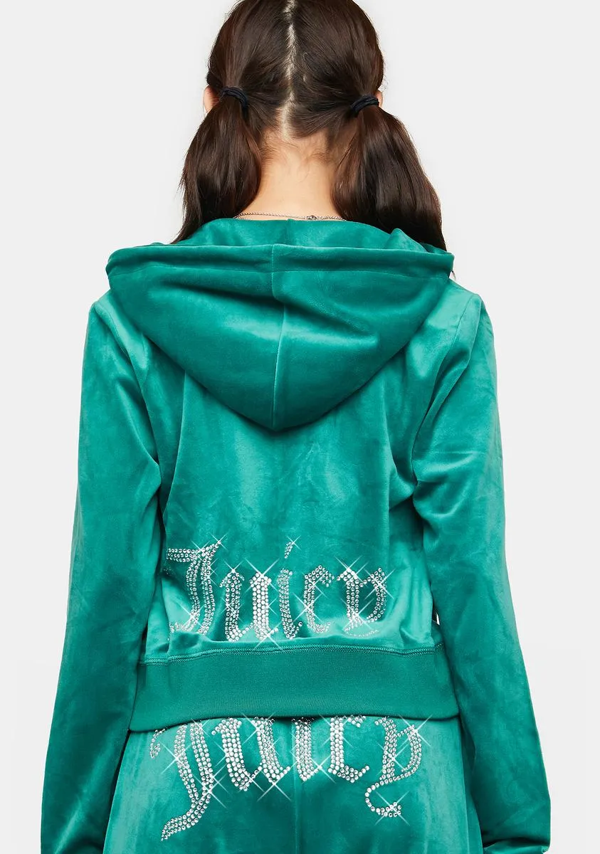 Jade Green Rhinestone Logo Zip-Up Hoodie sold by Dolls Kill