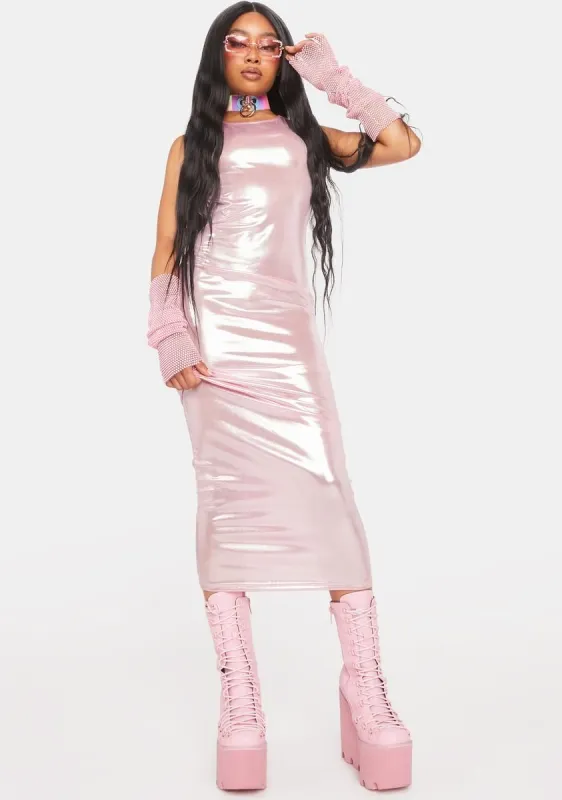 Blush Retro Glam Metallic Maxi Dress sold by Dolls Kill
