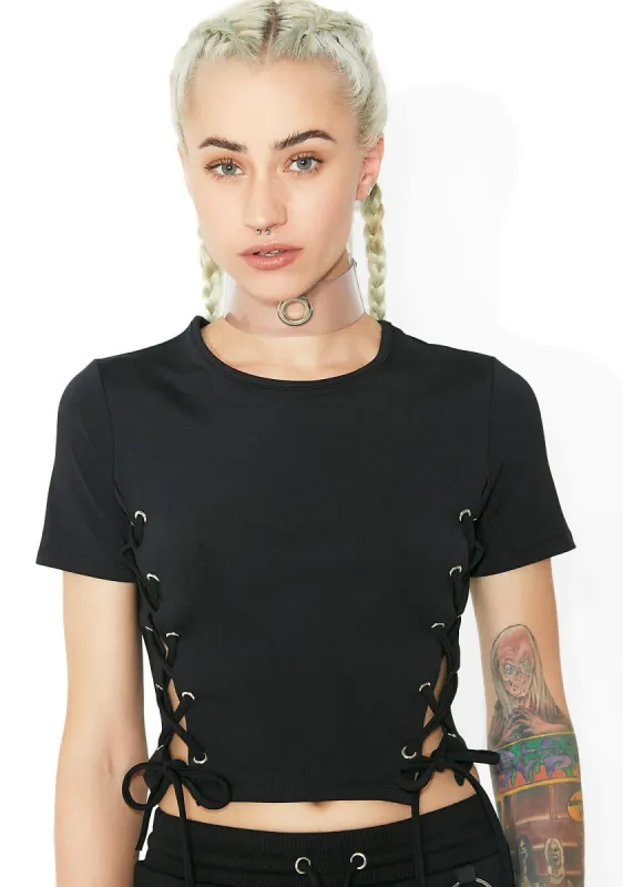 Somewhere Between Lace-Up Crop Tee sold by Dolls Kill