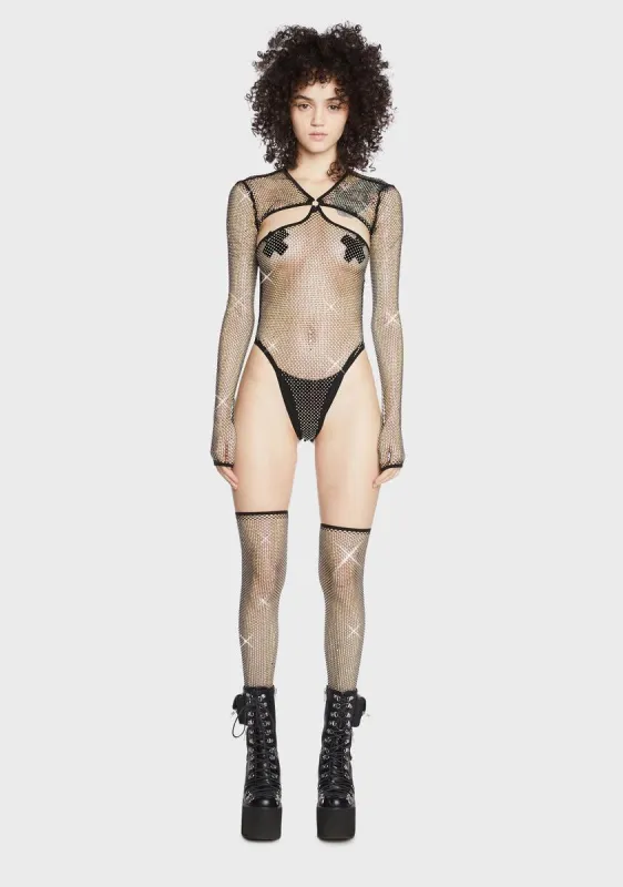 Starry Dancer Rhinestone Fishnet Bodysuit And Thigh High Stockings Set sold by Dolls Kill