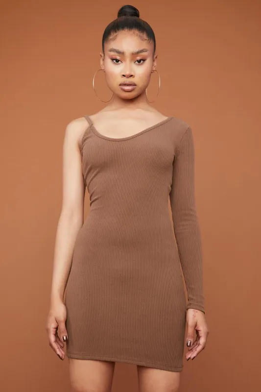 Mocha Too Annoyed One Sleeve Bodycon Mini Dress sold by Dolls Kill