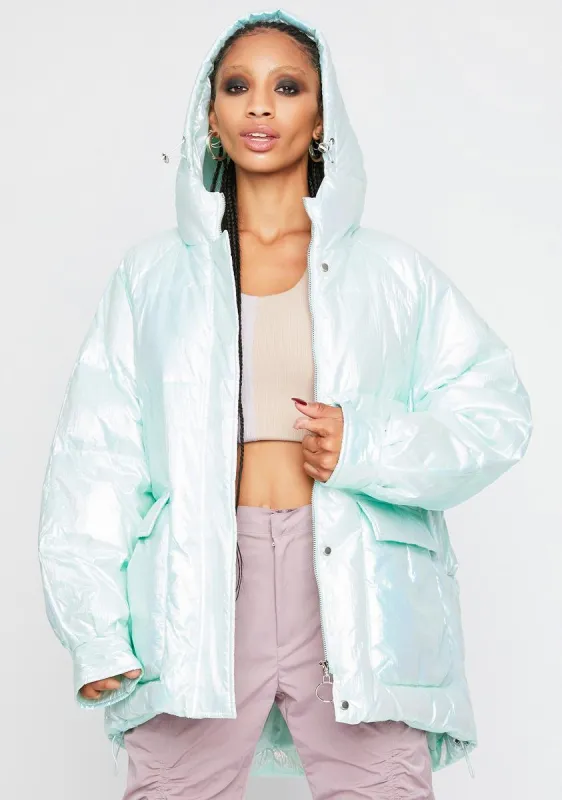 Metallic Mint Hooded Puffer Jacket sold by Dolls Kill