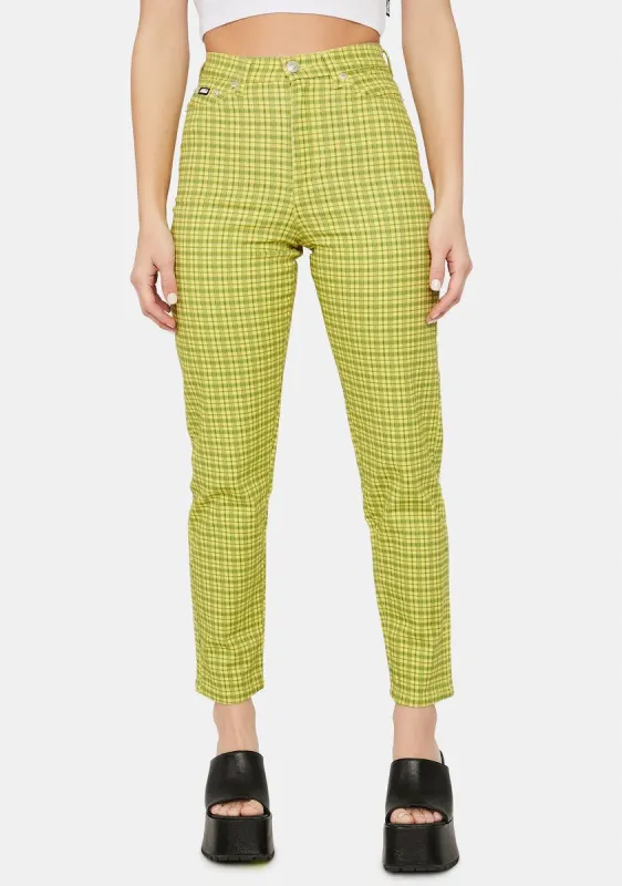 Lime Green Checkered Denim Mom Jeans sold by Dolls Kill