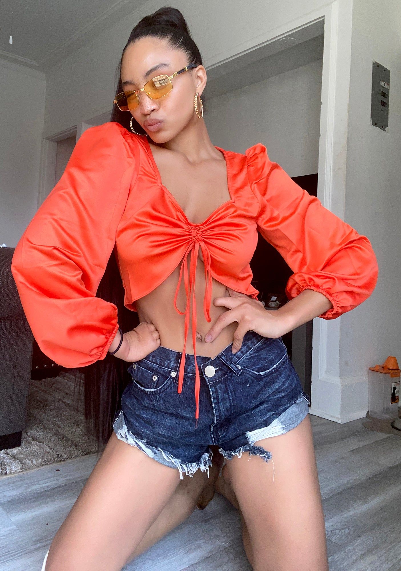 Red Orange Ruched Crop Top sold by Dolls Kill product image thumbnail 2