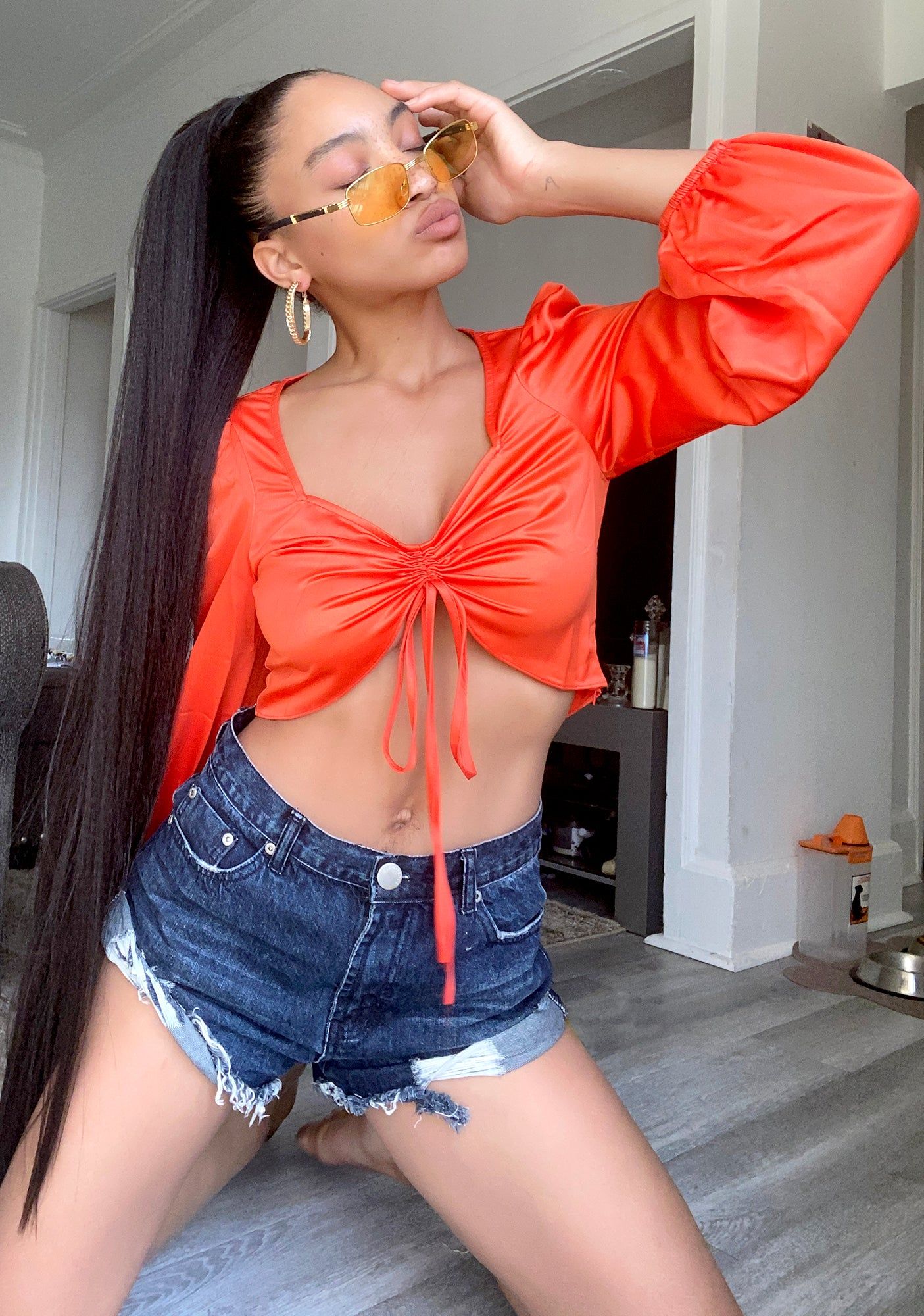 Red Orange Ruched Crop Top sold by Dolls Kill product image thumbnail 3