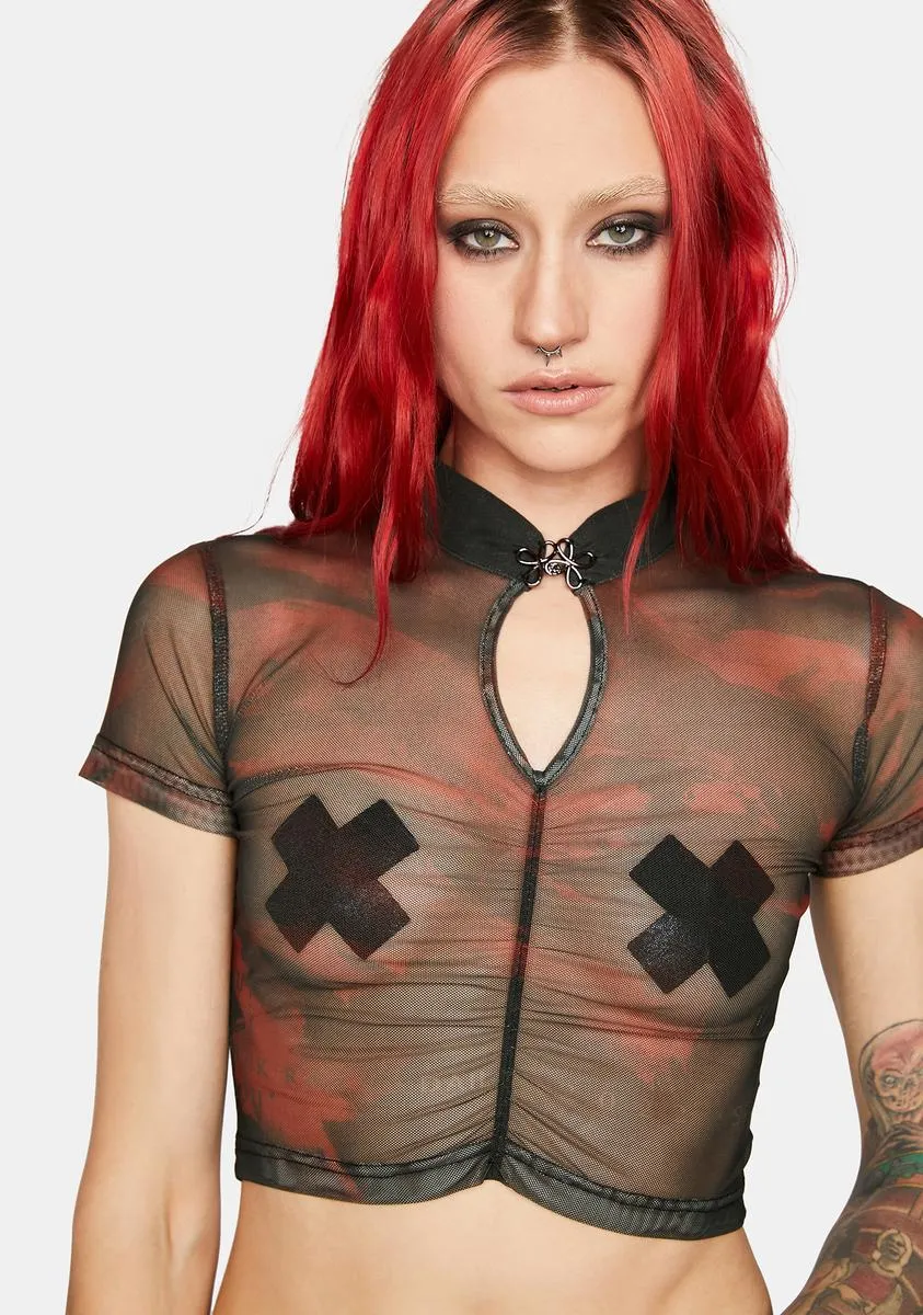 Dark Sheer Printed Fabric Short-Sleeved T-Shirt sold by Dolls Kill