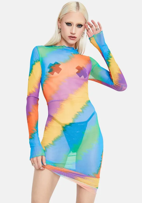 Rainbow Dancing Moonlight Long Sleeve Mesh Swirl Midi Dress sold by Dolls Kill