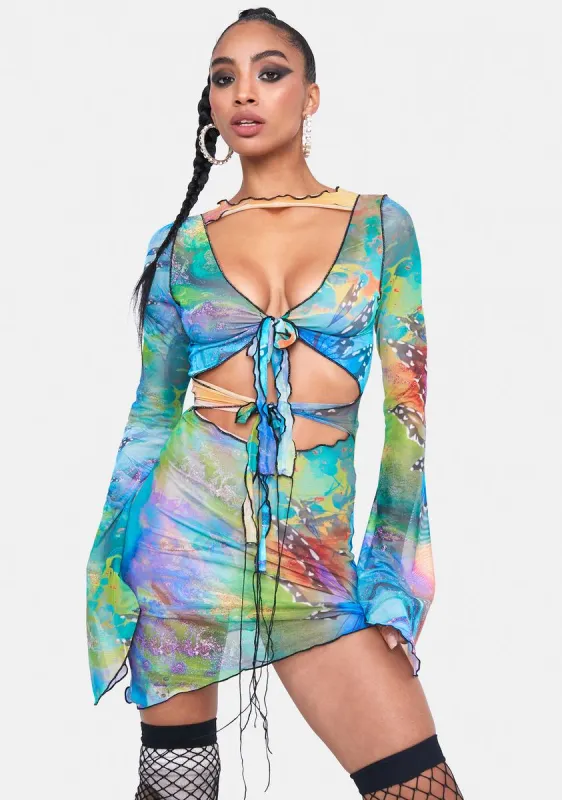 Mix Fairy Print Tie Front Mesh Dress sold by Dolls Kill