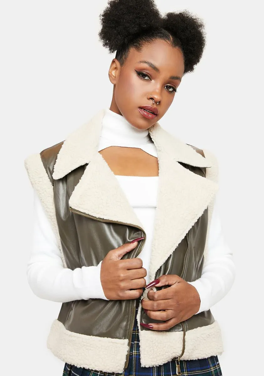 Olive Shady Players Faux Sherpa Vest sold by Dolls Kill