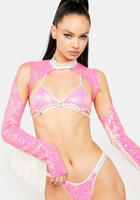 Pink Sequin Fringe Cut-Out Shrug sold by Dolls Kill