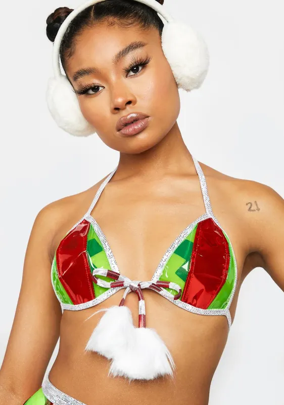 Vinyl Bra Top With Pom Pom Bow sold by Dolls Kill