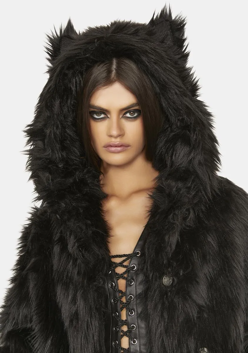 Black Wolf Classic Faux Fur Coat sold by Dolls Kill
