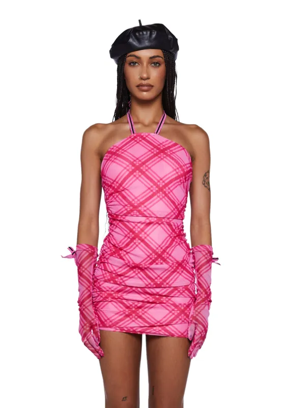 Pink Plaid Dress And Gloves Set sold by Dolls Kill